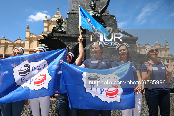 Polish nurses and midwives protest during Warning Strike at the Main Square in Krakow, Poland, on June 7, 2021. Nurses and midwives from aro...