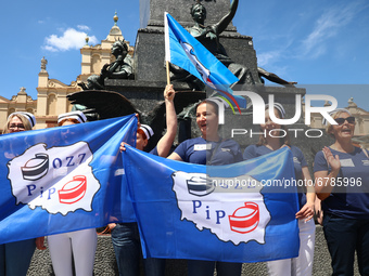 Polish nurses and midwives protest during Warning Strike at the Main Square in Krakow, Poland, on June 7, 2021. Nurses and midwives from aro...