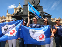 Polish nurses and midwives protest during Warning Strike at the Main Square in Krakow, Poland, on June 7, 2021. Nurses and midwives from aro...