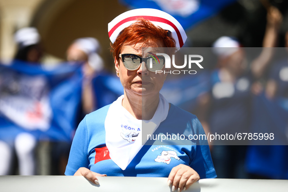 Polish nurses and midwives protest during Warning Strike at the Main Square in Krakow, Poland, on June 7, 2021. Nurses and midwives from aro...