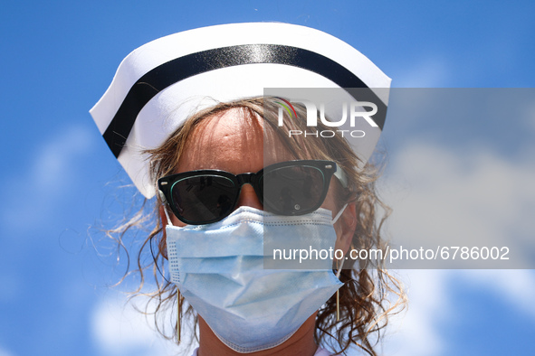 Polish nurses and midwives protest during Warning Strike at the Main Square in Krakow, Poland, on June 7, 2021. Nurses and midwives from aro...