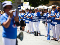 Polish nurses and midwives protest during Warning Strike at the Main Square in Krakow, Poland, on June 7, 2021. Nurses and midwives from aro...