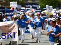 Polish nurses and midwives protest during Warning Strike at the Main Square in Krakow, Poland, on June 7, 2021. Nurses and midwives from aro...