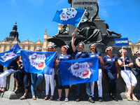 Polish nurses and midwives protest during Warning Strike at the Main Square in Krakow, Poland, on June 7, 2021. Nurses and midwives from aro...