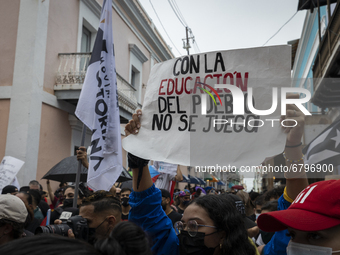 Teacher, Students and Workers of the UPR (University of Puerto Rico) protest against a budget cut of $94 million imposed by the Fiscal Contr...