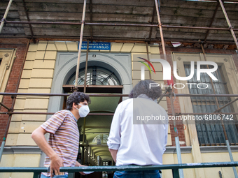 
Students review their exam subjects while waiting for their turn outside  the Liceo Classico Massimo D'Azeglio in Turin, Italy. High-school...