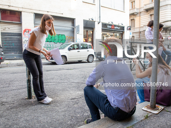 
Students review their exam subjects while waiting for their turn outside  the Liceo Classico Massimo D'Azeglio in Turin, Italy. High-school...