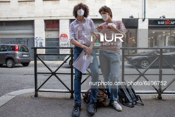 
Students review their exam subjects while waiting for their turn outside  the Liceo Classico Massimo D'Azeglio in Turin, Italy. High-school...