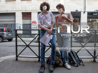 
Students review their exam subjects while waiting for their turn outside  the Liceo Classico Massimo D'Azeglio in Turin, Italy. High-school...