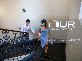 
A student climbs the stairs to go to the classroom for her  high-school exam inside the Liceo Classico Massimo D'Azeglio in Turin, Italy. H...