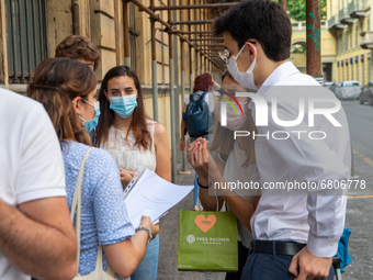 
Students review their exam subjects while waiting for their turn outside  the Liceo Classico Massimo D'Azeglio in Turin, Italy. High-school...