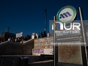  Protesters outside the Syntagma subway station.  (