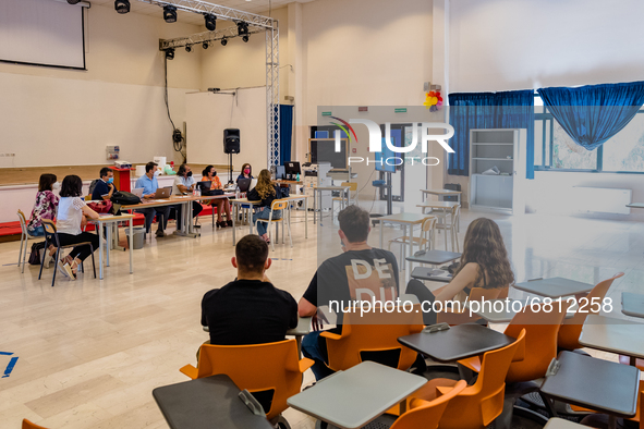 Students waiting for their turn, attend the State Exam in Molfetta, Italy at the Professional Institute Mons.Antonio Bello on June 19, 2021....