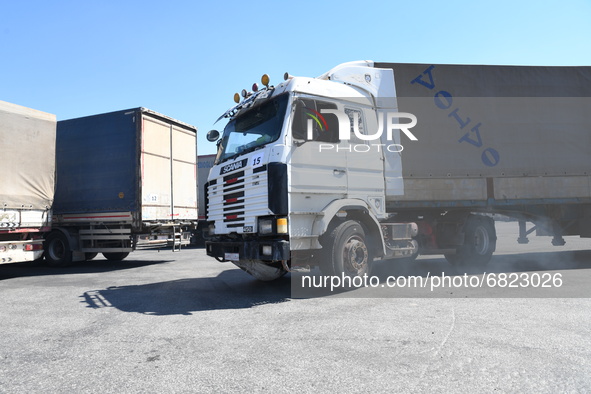 Trucks Loaded With Humanitarian Aid Provided By The United Nations World Food Program Enter Northern Syria Through Bab Al-Hawa Crossing on J...