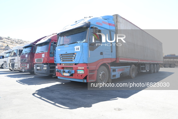 Trucks Loaded With Humanitarian Aid Provided By The United Nations World Food Program Enter Northern Syria Through Bab Al-Hawa Crossing on J...