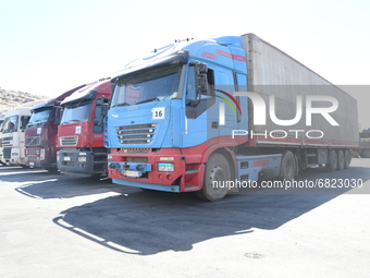 Trucks Loaded With Humanitarian Aid Provided By The United Nations World Food Program Enter Northern Syria Through Bab Al-Hawa Crossing on J...