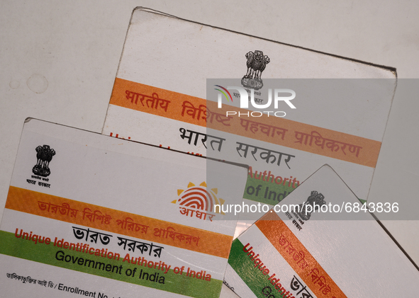 A photo taken in Tehatta, West Bengal, India on 01 July 2021 show the Aadhaar Cards issued by the Unique Identification Authority of India (...