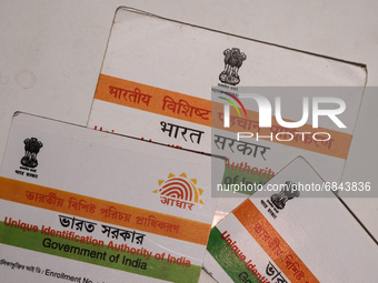 A photo taken in Tehatta, West Bengal, India on 01 July 2021 show the Aadhaar Cards issued by the Unique Identification Authority of India (...