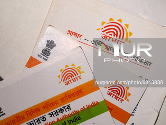 A photo taken in Tehatta, West Bengal, India on 01 July 2021 show the Aadhaar Cards issued by the Unique Identification Authority of India (...