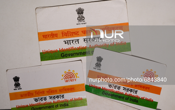 A photo taken in Tehatta, West Bengal, India on 01 July 2021 show the Aadhaar Cards issued by the Unique Identification Authority of India (...