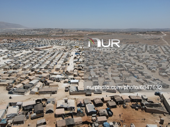 Aerial view of IDP camps near Kafr Lusin in Idlib countryside on the Syrian-Turkish border on July 2, 2021. 