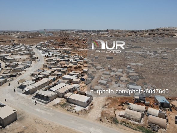 Aerial view of IDP camps near Kafr Lusin in Idlib countryside on the Syrian-Turkish border on July 2, 2021. 