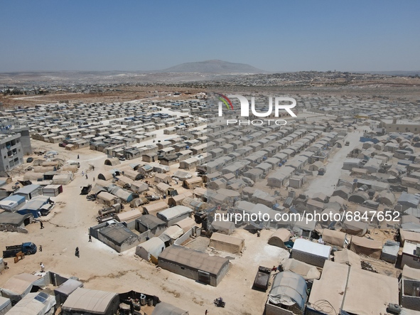 Aerial view of IDP camps near Kafr Lusin in Idlib countryside on the Syrian-Turkish border on July 2, 2021. 