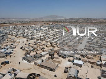 Aerial view of IDP camps near Kafr Lusin in Idlib countryside on the Syrian-Turkish border on July 2, 2021. (