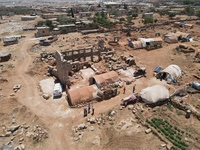 Displaced syrians live in tents in archaeological sites dating back to the Byzantine era, northwest of Syria, in the Idlib countryside, near...