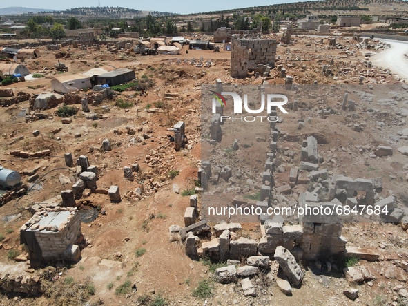 Displaced syrians live in tents in archaeological sites dating back to the Byzantine era, northwest of Syria, in the Idlib countryside, near...