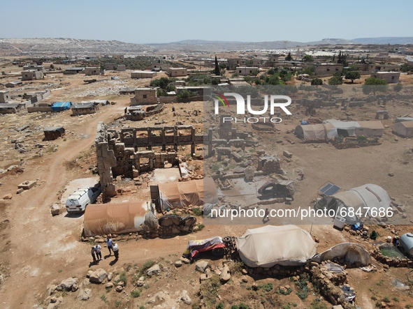 Displaced syrians live in tents in archaeological sites dating back to the Byzantine era, northwest of Syria, in the Idlib countryside, near...