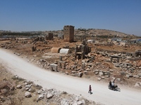 Displaced syrians live in tents in archaeological sites dating back to the Byzantine era, northwest of Syria, in the Idlib countryside, near...