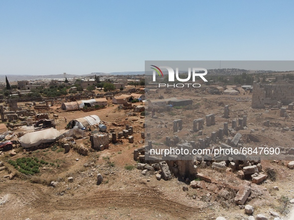 Displaced syrians live in tents in archaeological sites dating back to the Byzantine era, northwest of Syria, in the Idlib countryside, near...