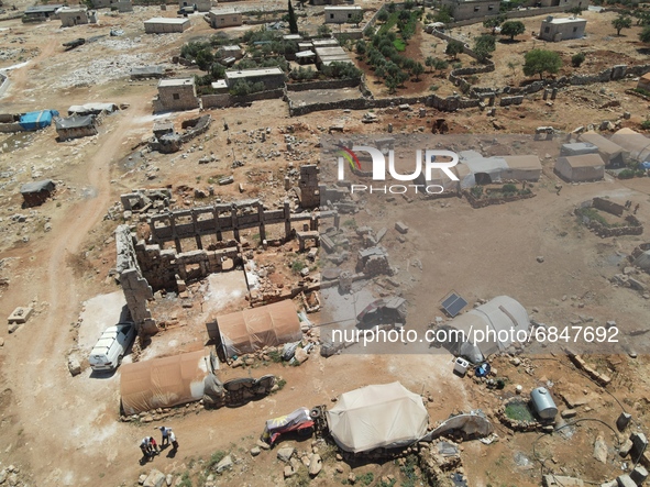 Displaced syrians live in tents in archaeological sites dating back to the Byzantine era, northwest of Syria, in the Idlib countryside, near...