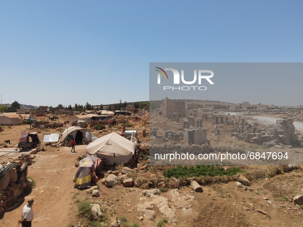 Displaced syrians live in tents in archaeological sites dating back to the Byzantine era, northwest of Syria, in the Idlib countryside, near...