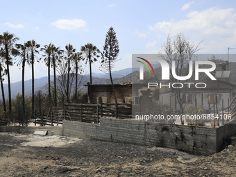 A burned house in Eptagonia village, in Limassol mountain region. Cyprus, Monday, July 5, 2021. The wildfires that have been raging since 03...