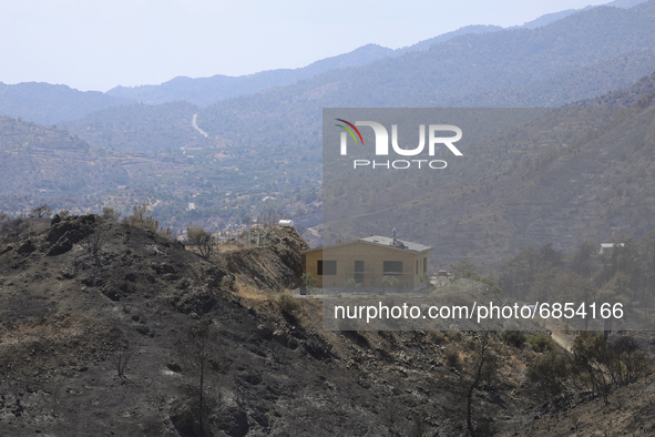 Local residents are repairing a roof after a fire near the village of Arakapas, in Limassol mountain region. Cyprus, Monday 5 July 2021. The...