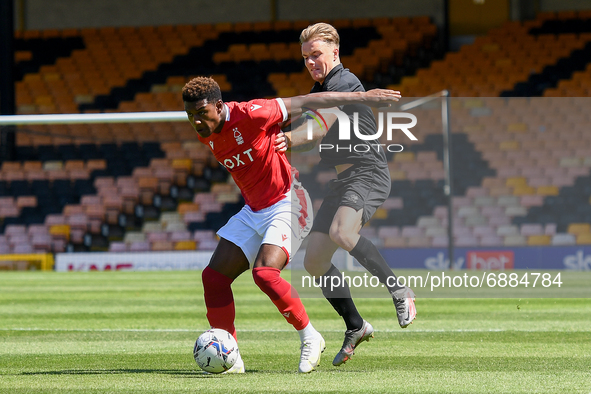 
Jayden Richardson of Nottingham Forest shields the ball from Tom Conlon of Port Vale during the Pre-season Friendly match between Port Vale...