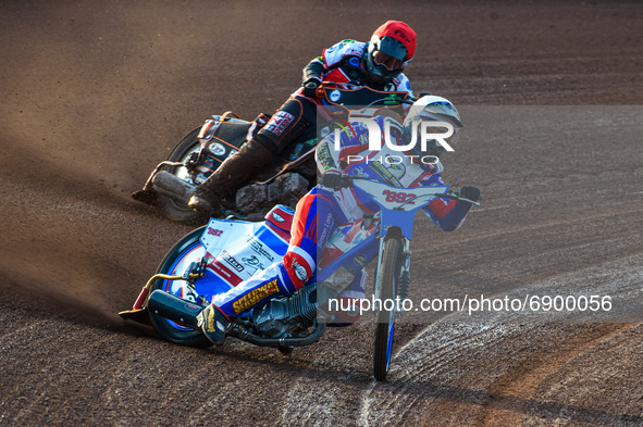  Jake Knight  (White) leads Jack Smith  (Red) during the National Development League match between Belle Vue Colts and Eastbourne Seagulls a...