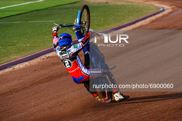  Harry McGurk  \loses control of his machine on the back straight during the National Development League match between Belle Vue Colts and E...