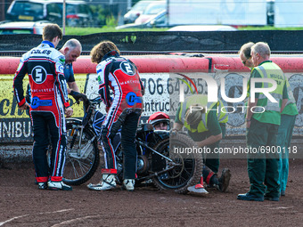  Paramedics and team mates check on Sam McGurk   during the National Development League match between Belle Vue Colts and Eastbourne Seagull...