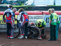  Paramedics and team mates check on Sam McGurk   during the National Development League match between Belle Vue Colts and Eastbourne Seagull...