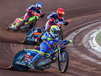   Nathan Ablitt  (Yellow) leads Connor Coles  (Red) and Ben Woodhull  (Blue)during the National Development League match between Belle Vue C...