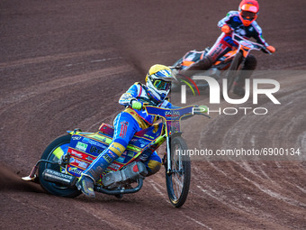  Nathan Ablitt  (Yellow) leads Connor Coles  (Red) during the National Development League match between Belle Vue Colts and Eastbourne Seagu...