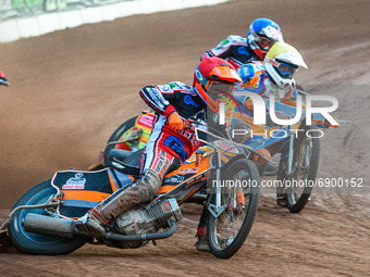   Connor Coles  (Red) outside Danno Verge  (Yellow) and Ben Woodhull  (Blue)  during the National Development League match between Belle Vue...