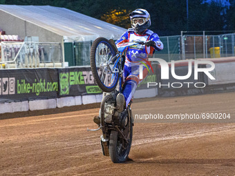  Jake Knight  pulls a wheelie during the National Development League match between Belle Vue Colts and Eastbourne Seagulls at the National S...