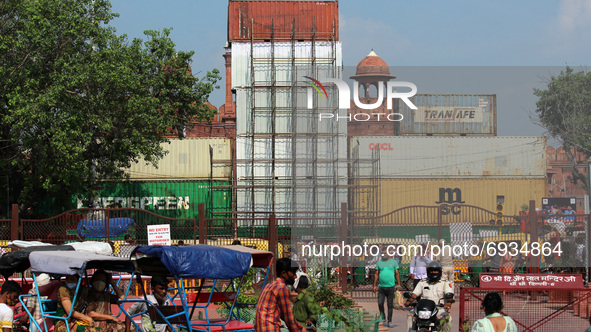 Shipping containers placed in front of the Red Fort ahead of India's 75th Independence day celebrations in New Delhi, India on August 5, 202...