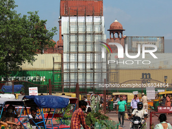 Shipping containers placed in front of the Red Fort ahead of India's 75th Independence day celebrations in New Delhi, India on August 5, 202...