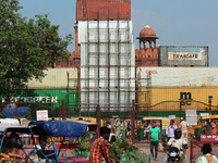 Shipping containers placed in front of the Red Fort ahead of India's 75th Independence day celebrations in New Delhi, India on August 5, 202...