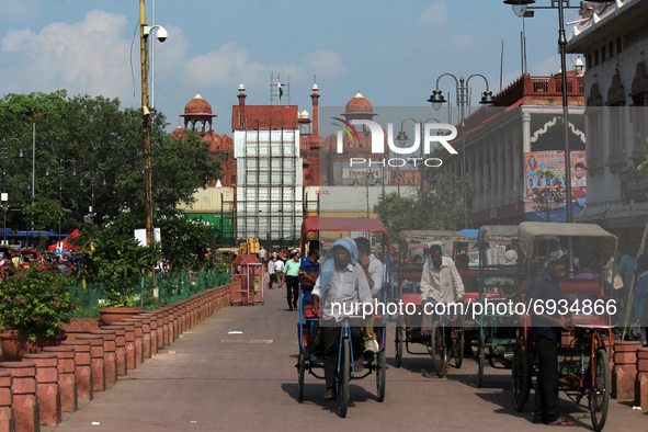 Shipping containers placed in front of the Red Fort ahead of India's 75th Independence day celebrations in New Delhi, India on August 5, 202...